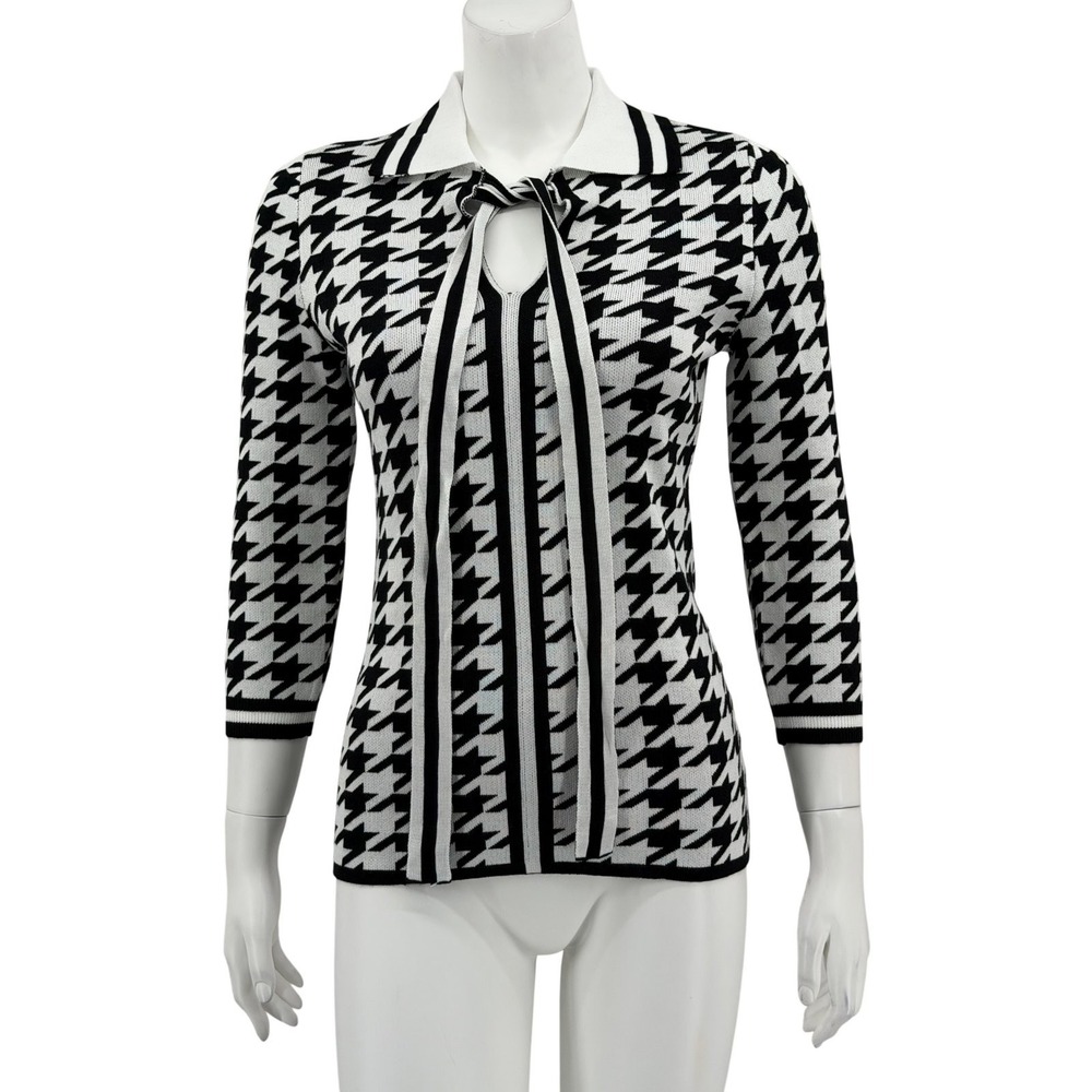 New York & Company Top Womens XS Black White Houndstooth Knit Preppy Academia